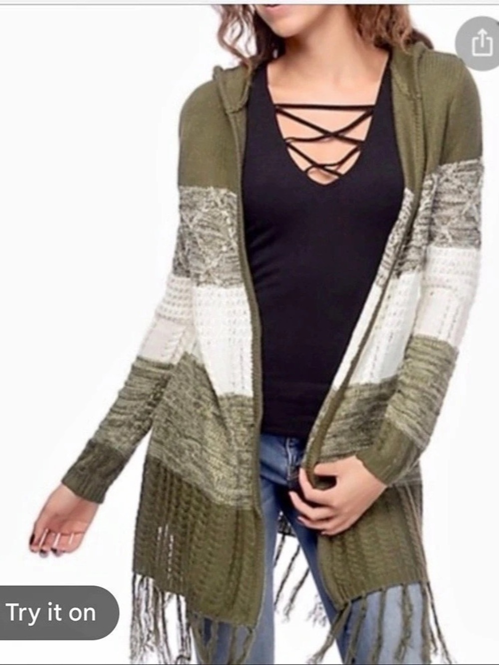 NWT Almost Famous Hooded Color Block Cardigan in Green & White Size Large